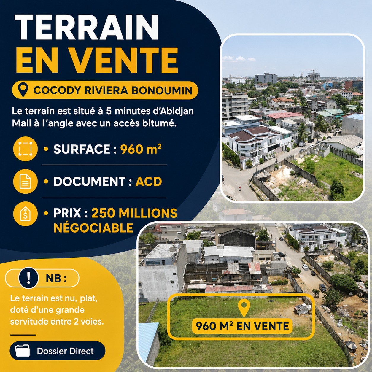 TERRAIN EN VENTE À LA RIVIERA BONOUMIN